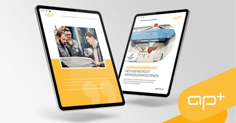 Zwei Tablets mit Heyligenstaedt-Anwenderbericht, ERP-Software APplus von Asseco Solutions, auf grauem Hintergrund.