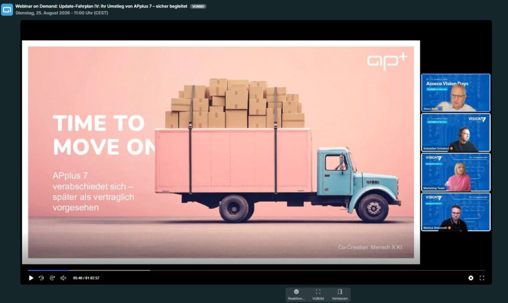 Webinar-Update: Fahrplan für APplus 7 mit LKW und Kartons, präsentiert von Asseco Solutions.