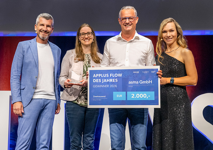 Na scenie stoją cztery osoby, a jedna z kobiet trzyma tabliczkę z napisem „Zwycięzca konkursu Applus Flow Roku 2026”.