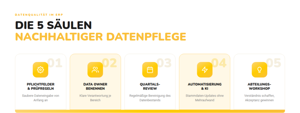 Five Pillars of Sustainable Data Maintenance in ERP Systems, infographic by Asseco Solutions.