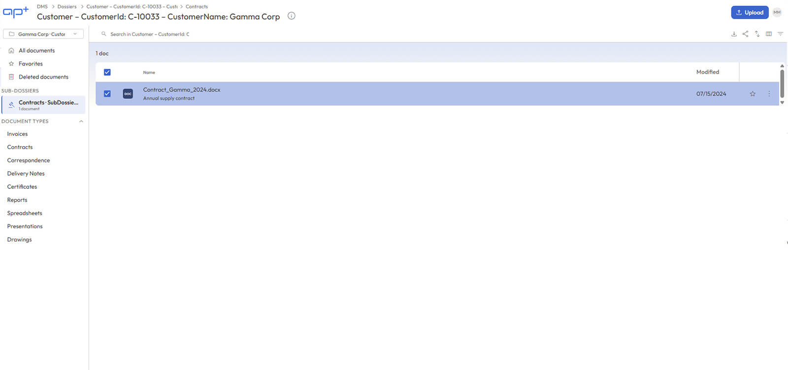 Dokumentenübersicht der ERP-Software APplus, hervorgehobene Datei "Contract_Gamma_2024.docx".