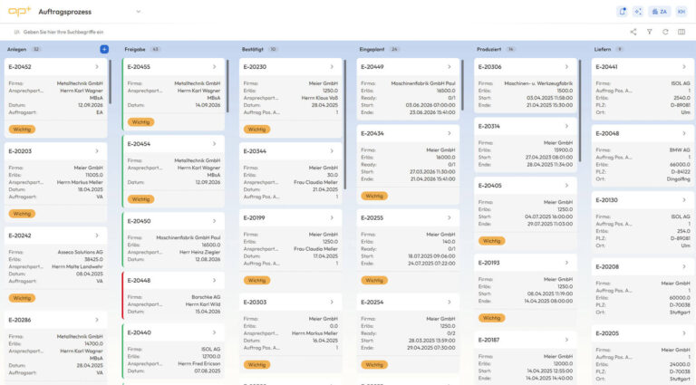 Dashboard der ERP-Software APplus mit Auftragsübersicht und Prozessstatus von Asseco Solutions.
